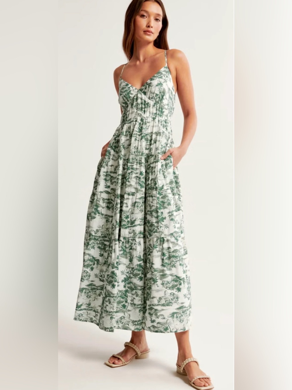 Abercrombie & Fitch Green Tropical Toile Maxi Dress XL Tiered Crisscross Back